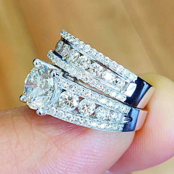 🌸Bague Eternity Full CZ Diamonds Silver Plated Couple Chunky Ring Set,UNVN12286 - Picture 9 of 10